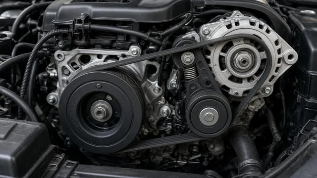 Serpentine belt, belt tensioner, and harmonic balancer at the front of a car engine