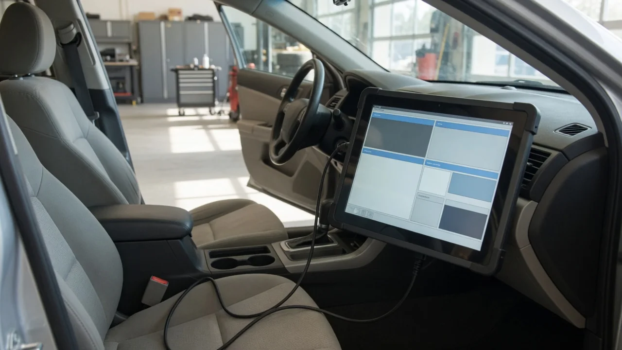 Diagnostic scanner connected to a parked vehicle during a check for code P1247