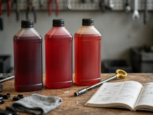 Three automatic transmission fluid bottles on a workshop bench next to a dipstick and an open owner's manual