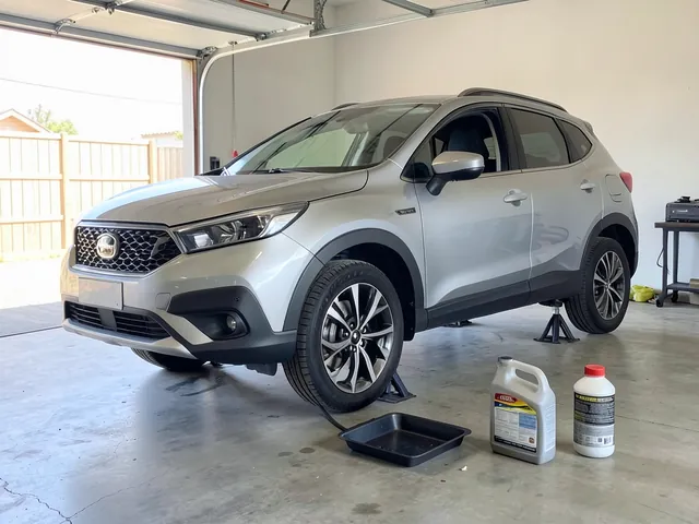Compact crossover SUV on jack stands in a garage with oil filter, drain pan, and motor oil jug ready for an oil change