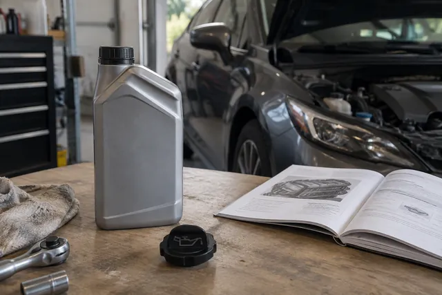 Bottle labeled SAE 10W-30 beside an owner's manual and an engine oil filler cap