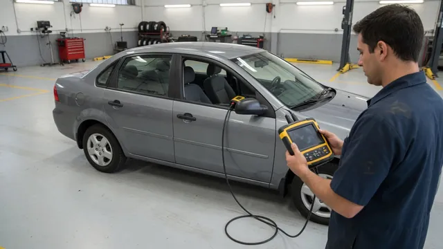 Technician reviewing EVAP diagnostic information on a scan tool beside a parked vehicle