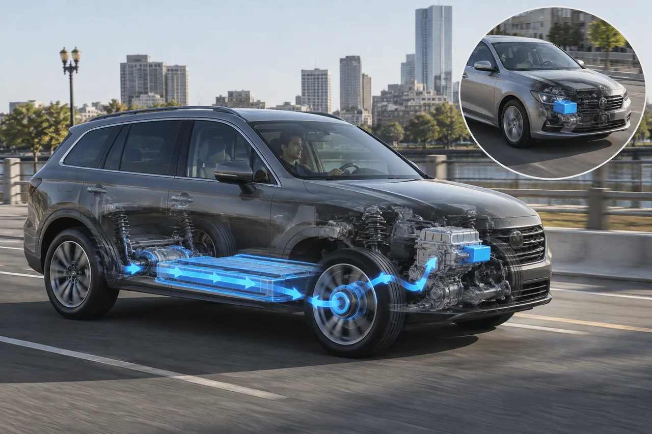 Illustration of braking energy flowing from wheels to storage in a hybrid SUV and a capacitor module in a compact sedan