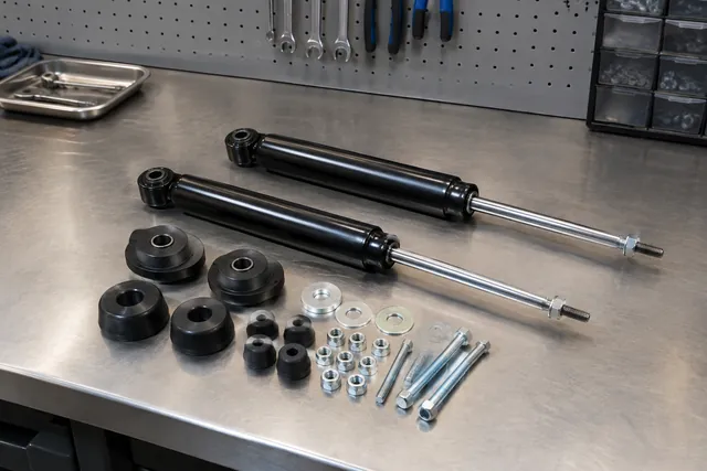 Front and rear replacement shock absorbers with mounting hardware arranged on a clean workshop bench.