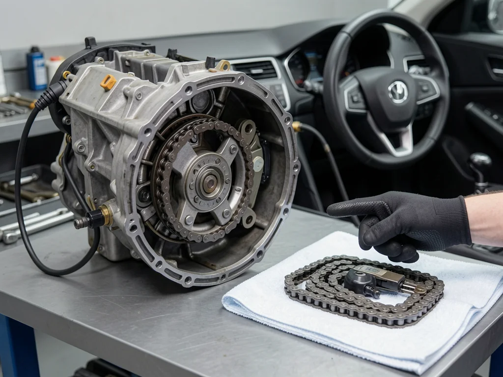 Engine with timing cover removed showing the timing chain, tensioner, and guides next to a new replacement kit
