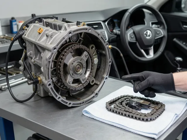 Engine with timing cover removed showing the timing chain, tensioner, and guides next to a new replacement kit
