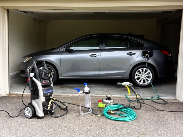 Foam cannon, garden hose nozzle and inline water filter arranged beside a car in a shaded driveway