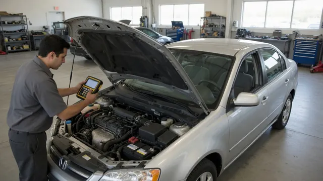 Technician using a scan tool to investigate an EGR fault in a parked vehicle