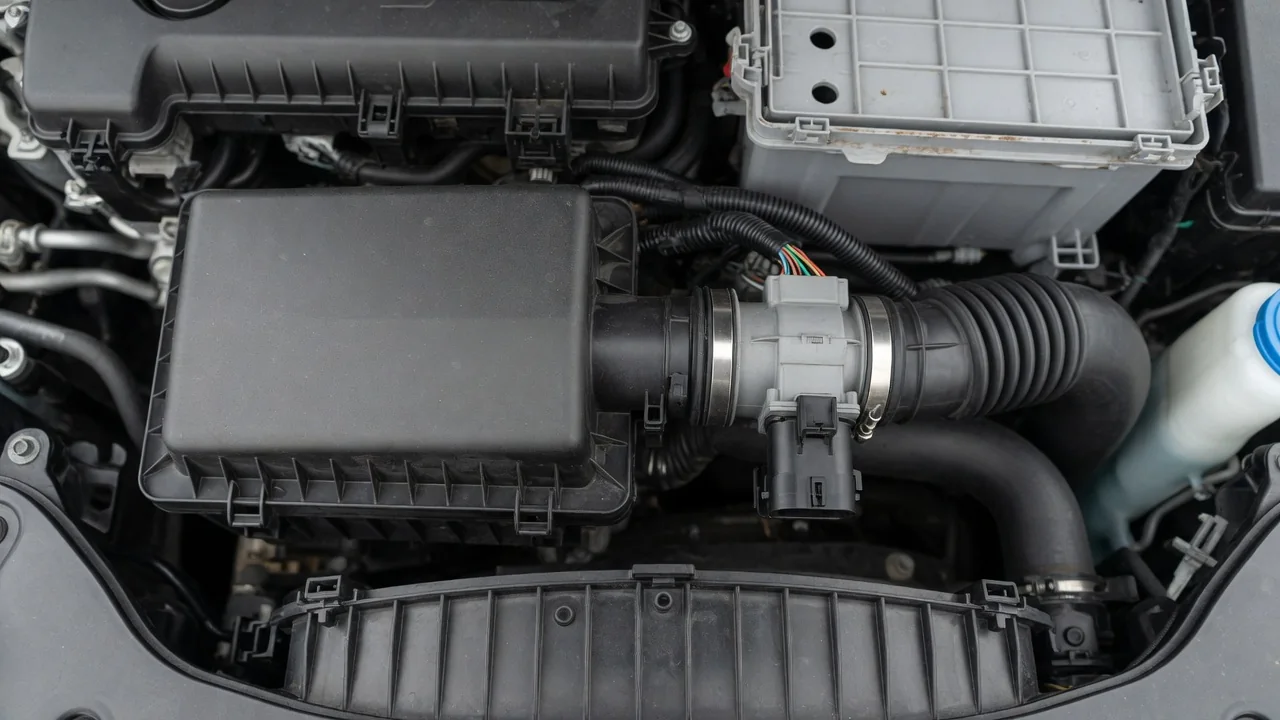 Illustration of an intake air duct and mass air flow sensor in a Nissan Sentra engine compartment