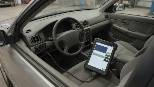 Diagnostic scan tool beside a vehicle dashboard displaying code P1722