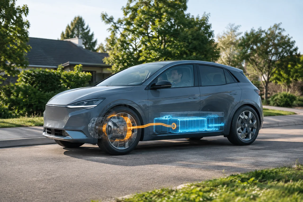 Illustration of an electric car recovering energy through regenerative braking