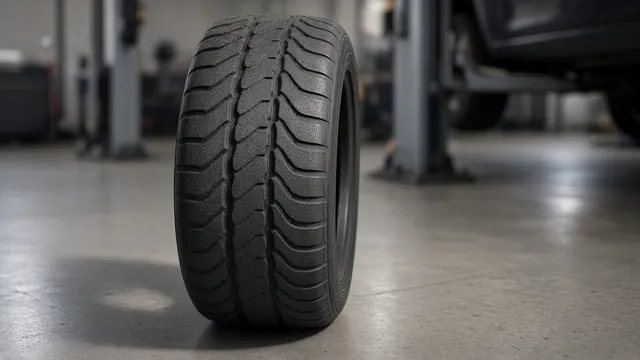 Close-up of tire tread with scalloped wear patches around the circumference