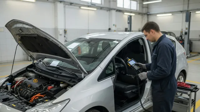 Technician using a diagnostic scanner on a Toyota Prius with the hood open to check an engine misfire