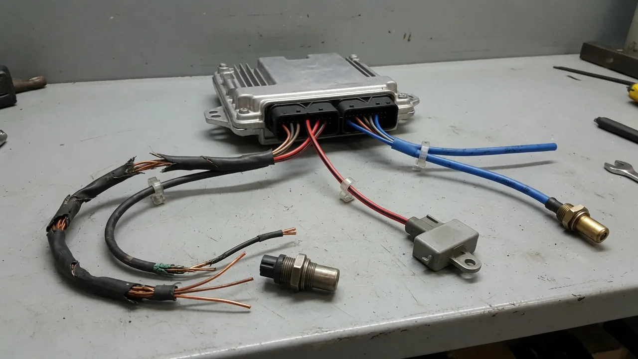 Labeled diagram of a vehicle control module supplying reference voltage to several sensor branches