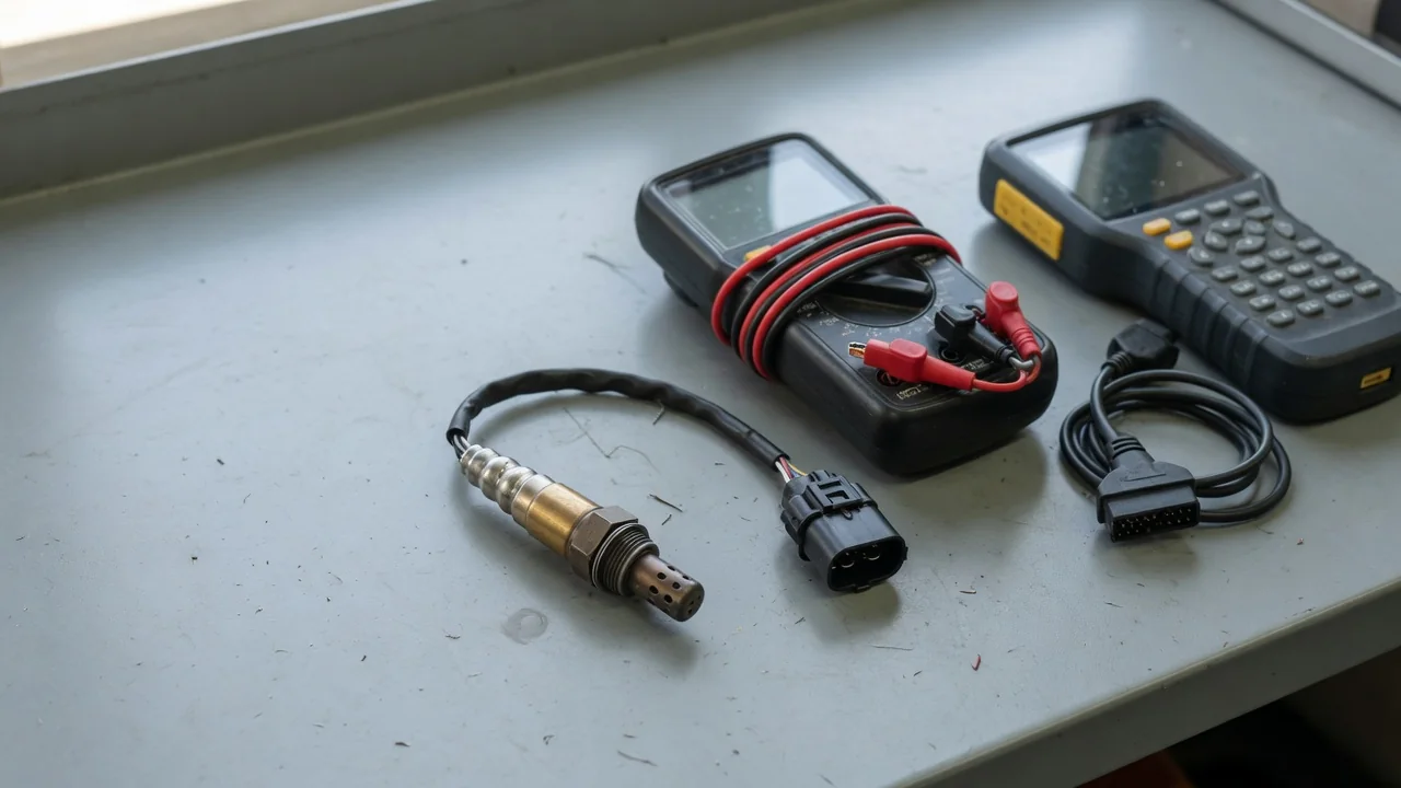 Diagnostic scan tool beside an oxygen sensor and its electrical connector on an automotive workbench