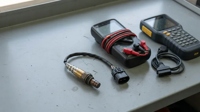 Diagnostic scan tool beside an oxygen sensor and its electrical connector on an automotive workbench