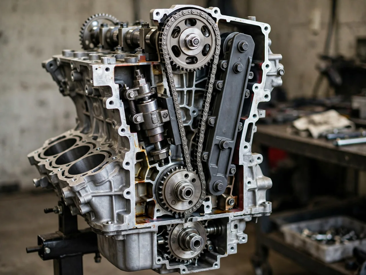 Cutaway illustration showing a timing chain supported by guides inside an engine
