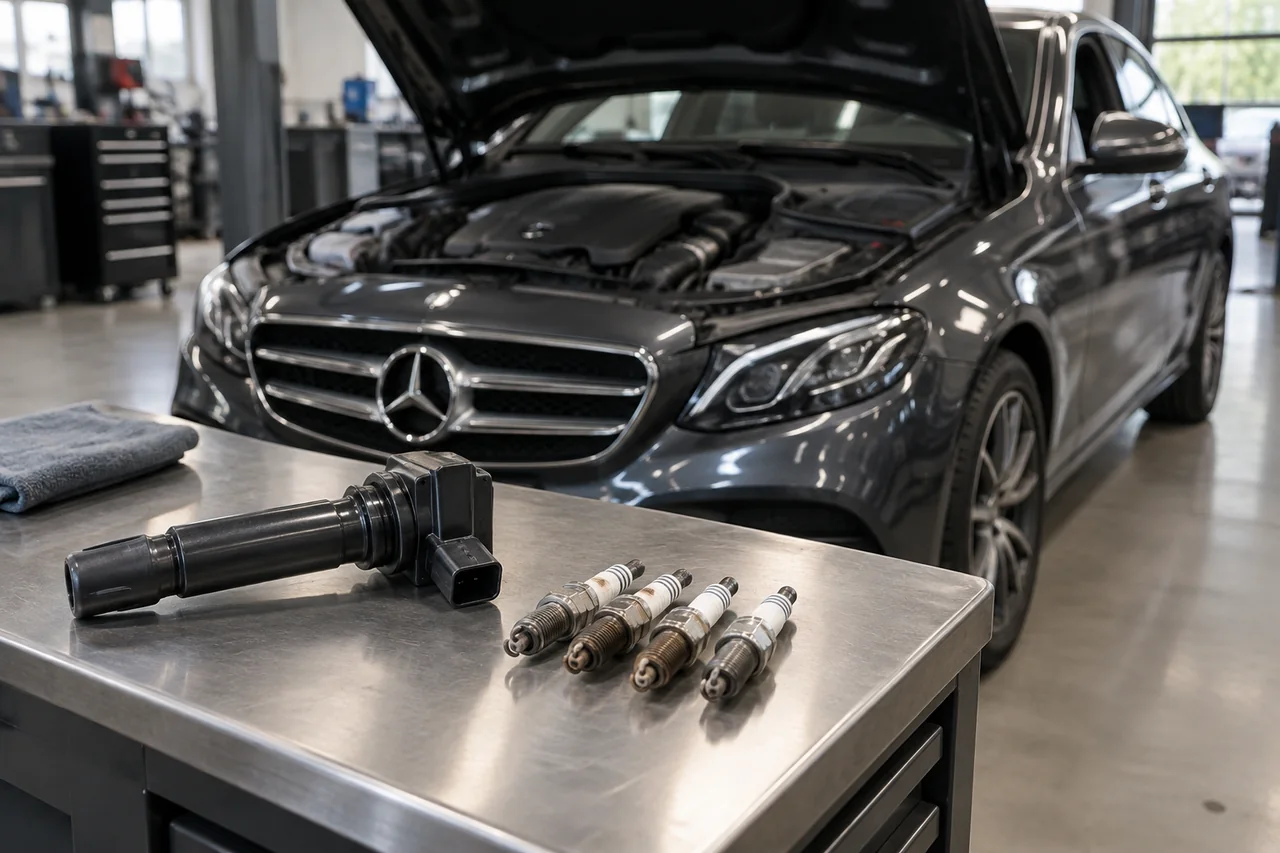 Spark plugs and an ignition coil arranged beside a Mercedes-Benz engine bay