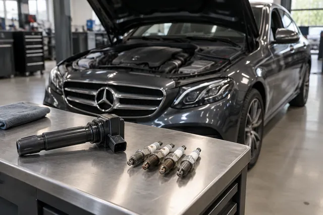 Spark plugs and an ignition coil arranged beside a Mercedes-Benz engine bay