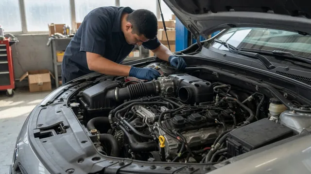 Technician inspecting a throttle body in a Chevrolet engine bay with the engine off