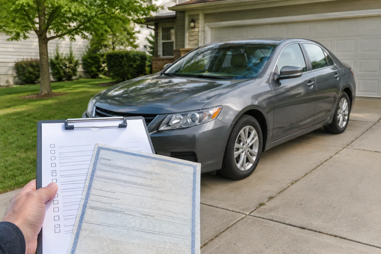 Used car beside a vehicle title document and a checklist for reviewing ownership records