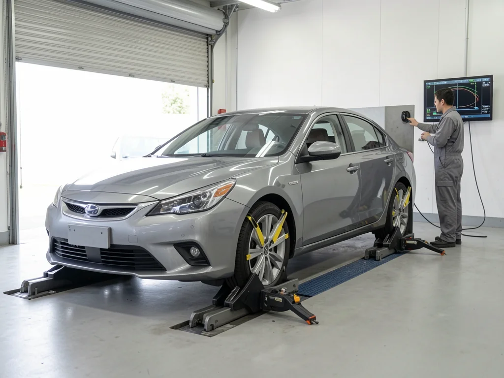Car on an alignment rack with sensor targets on each wheel while a technician reviews readings on a screen