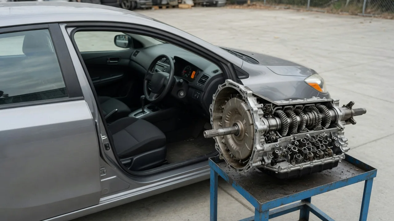 Dashboard transmission warning with an automatic transmission cutaway shown beside the vehicle