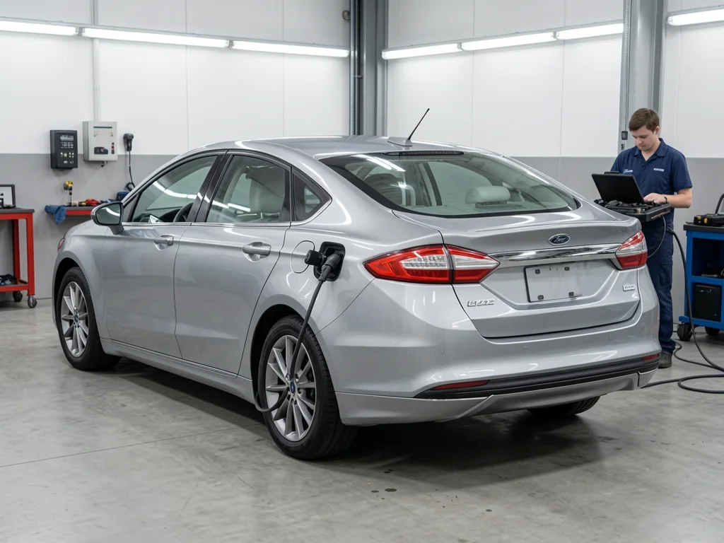 Ford Fusion Hybrid parked in a service bay for a battery health assessment