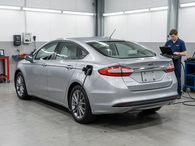 Ford Fusion Hybrid parked in a service bay for a battery health assessment