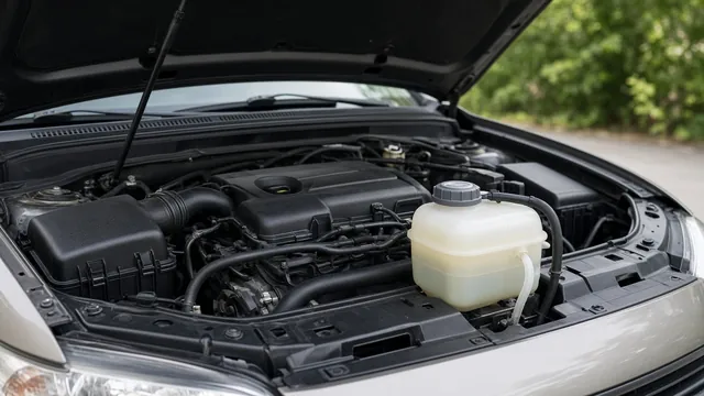 Parked car with its hood raised and coolant reservoir visible, with the pressure cap closed
