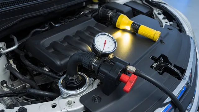 Hand pump pressure tester with gauge attached to a car radiator filler neck during a cooling system leak test