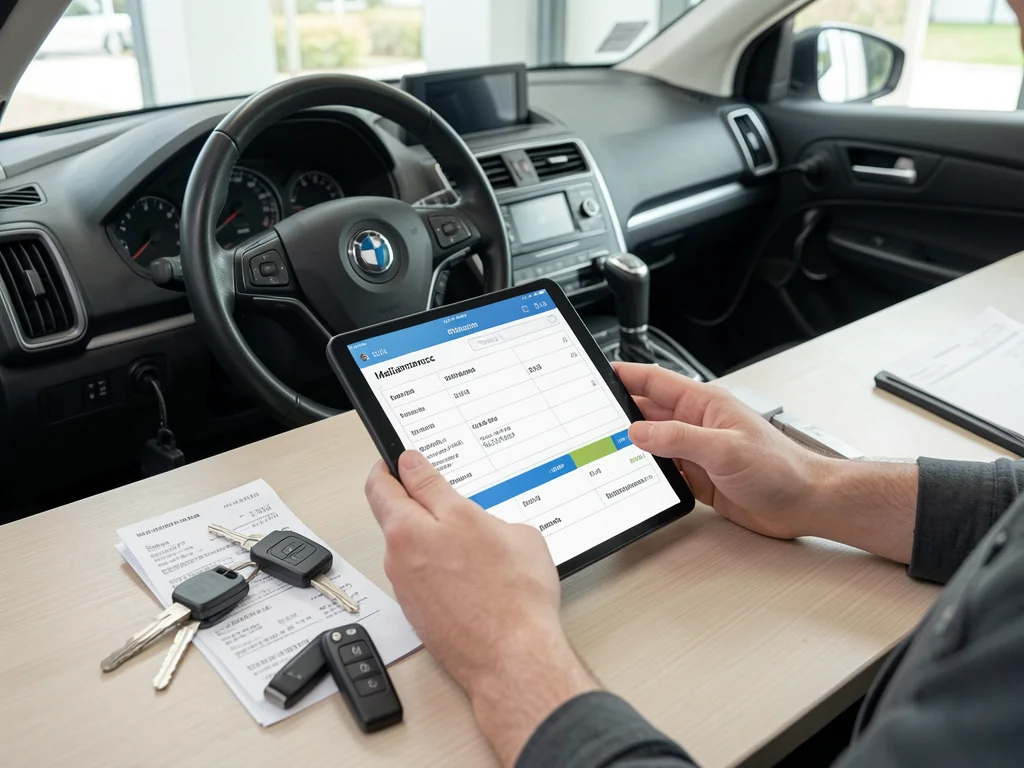 Car owner reviewing a digital service record beside maintenance receipts and car keys