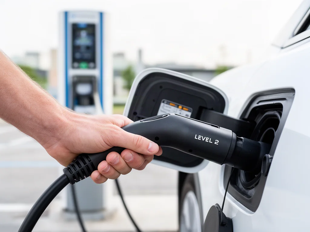 Hand holding an EV charging connector plugged into a car's charge port at a public charging station