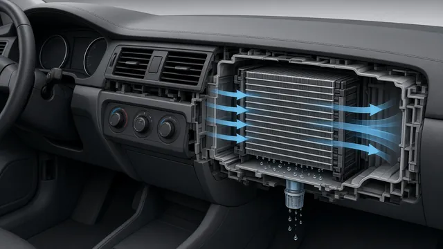 Illustration of a car AC evaporator inside the HVAC housing behind the dashboard