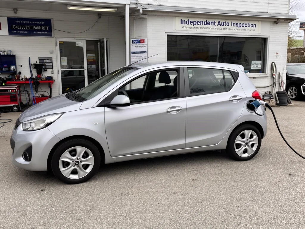 Used compact sedan parked outside an independent auto inspection shop