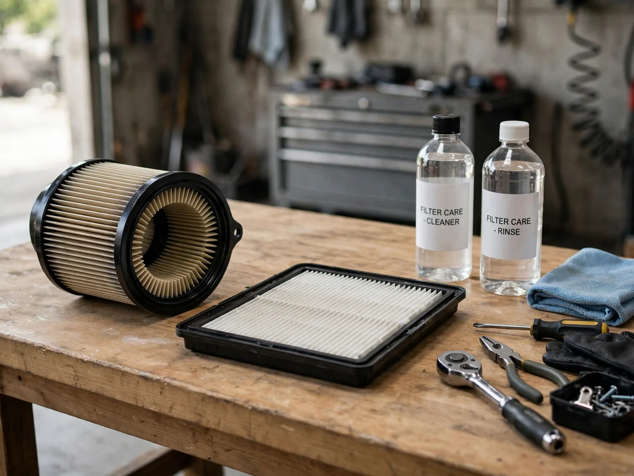 Reusable engine and cabin air filters beside labeled filter care products on a clean workbench.