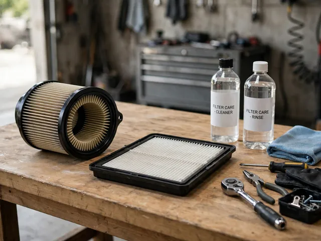 Reusable engine and cabin air filters beside labeled filter care products on a clean workbench.
