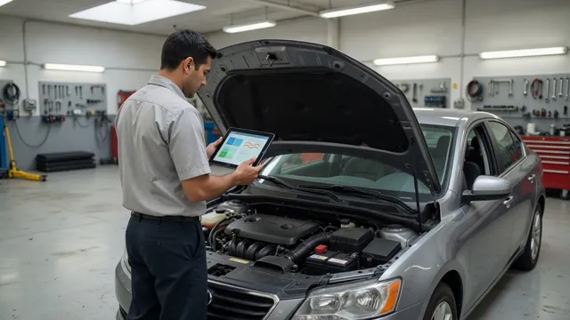 Technician reviewing diagnostic information beside a vehicle with its hood open