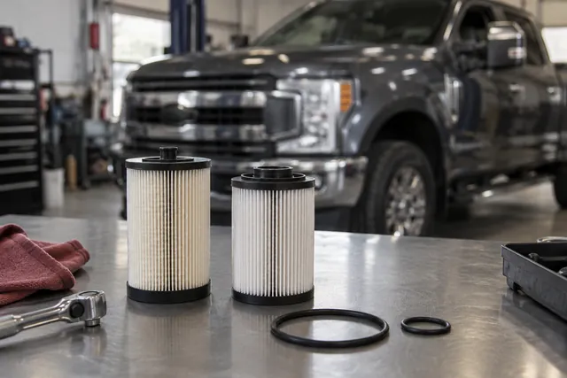 Ford diesel truck with fuel filter elements and sealing rings arranged on a clean workbench