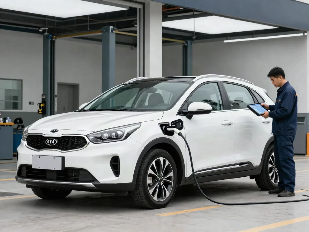 Kia Niro parked at an automotive service center for a hybrid battery assessment