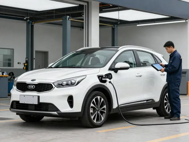 Kia Niro parked at an automotive service center for a hybrid battery assessment