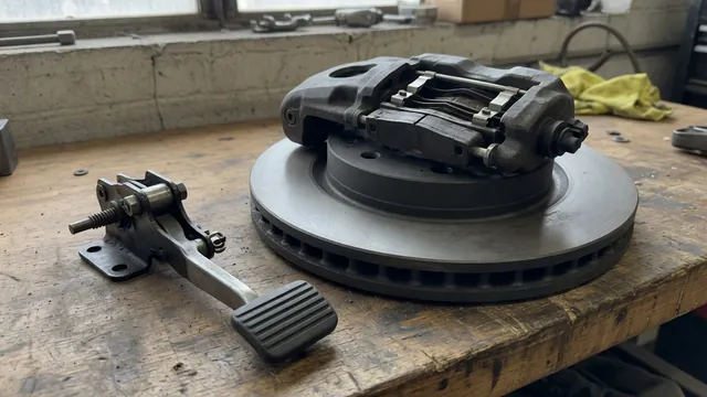 Illustration showing brake pads, retaining clips, and a caliper beside a brake pedal detail
