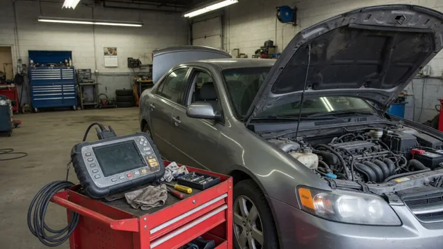 Diagnostic scan tool beside a vehicle with its hood open for a P1151 code assessment