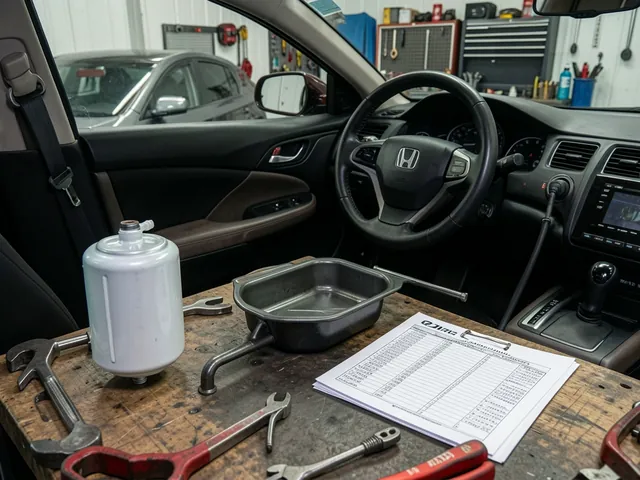 Oil filter and maintenance checklist beside a parked Honda in a clean garage