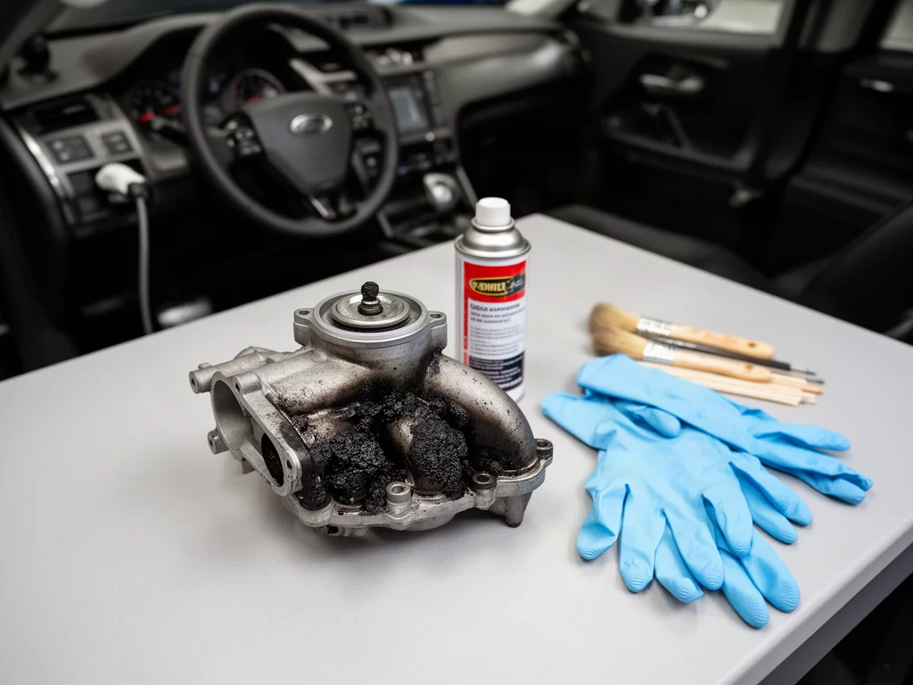 Removed EGR valve with carbon deposits on a workbench next to an unlabeled cleaner spray, brushes and gloves