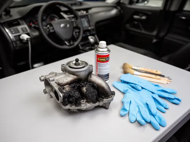 Removed EGR valve with carbon deposits on a workbench next to an unlabeled cleaner spray, brushes and gloves