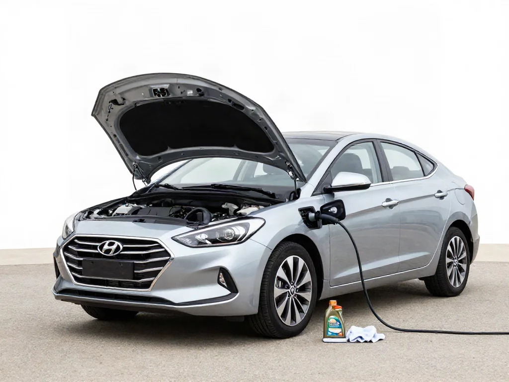 Engine oil bottle and dipstick beside an open Hyundai Elantra engine bay