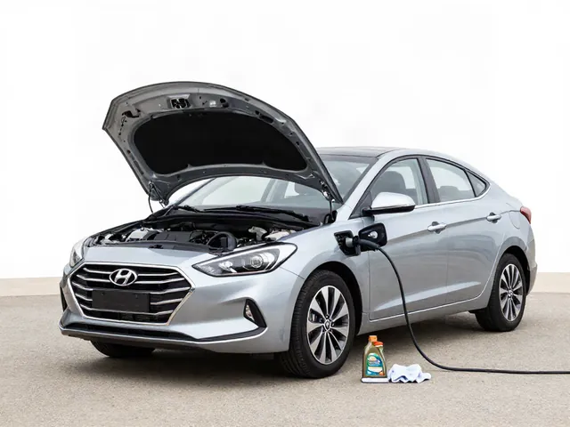 Engine oil bottle and dipstick beside an open Hyundai Elantra engine bay