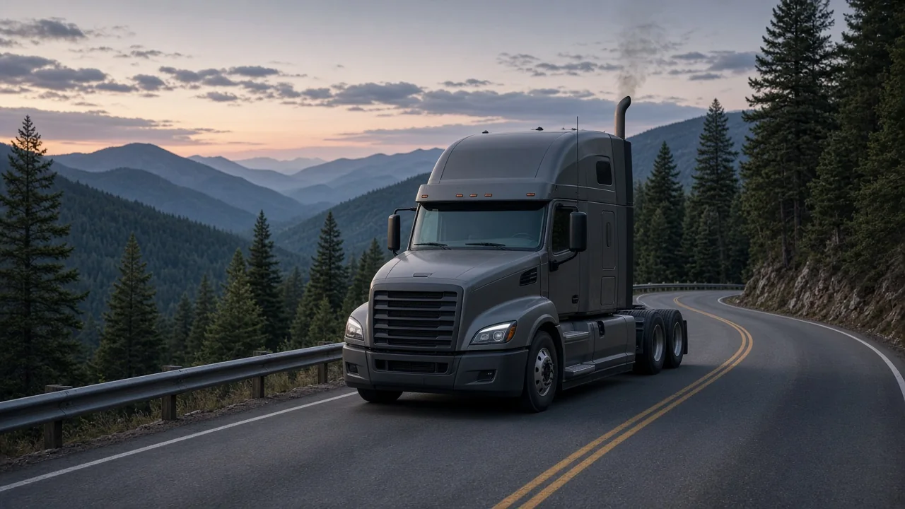 Semi truck with a vertical exhaust stack coming down a mountain highway grade at dusk
