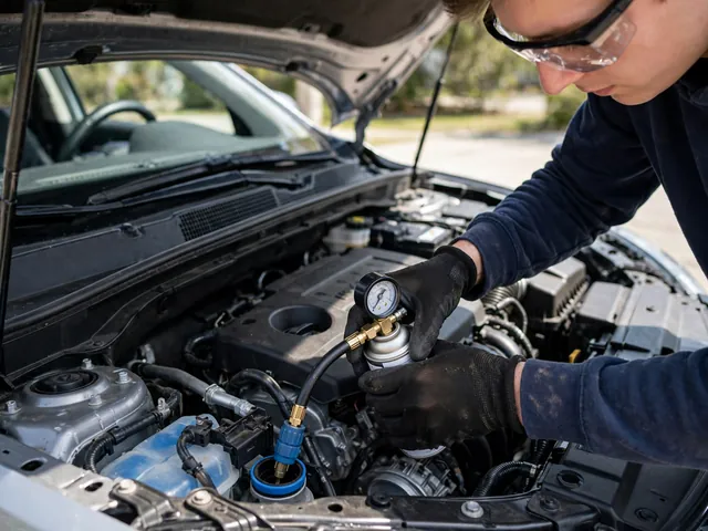 Person wearing safety glasses connects a car AC recharge can with gauge to the low-side port in an engine bay